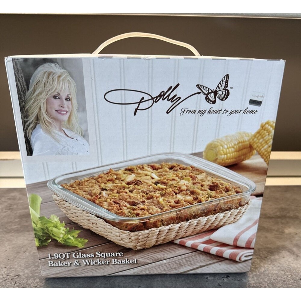 Dolly Parton Glass Square Baker & Wicker Basket 1.9 Qt 8" Cookware/Dishes